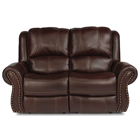 Transitional Power Reclining Love Seat with Power Headrest and Power Lumbar